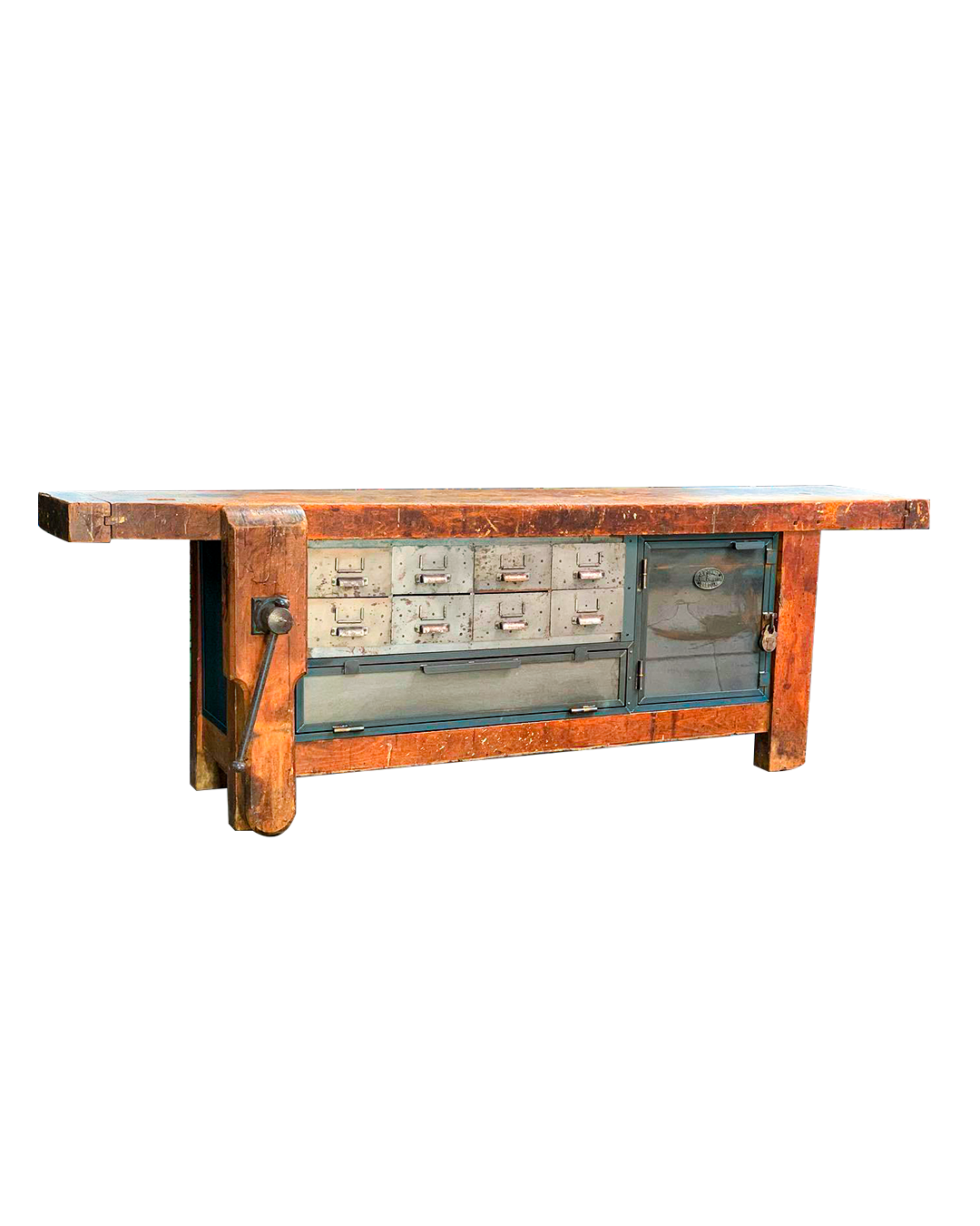 Établi d’atelier vintage en bois massif avec rangements métalliques